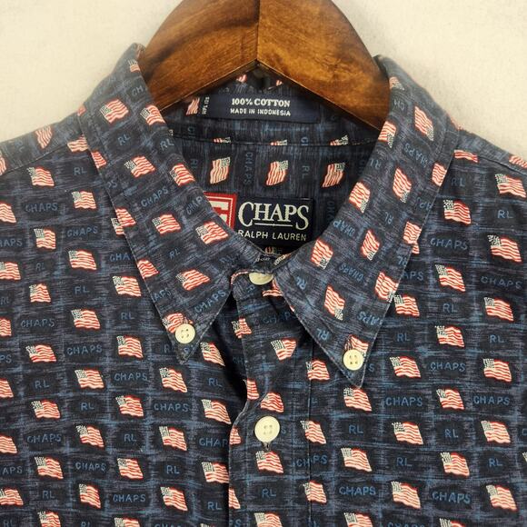 Ralph Lauren Chaps Men's Long Sleeve Bl American Flag Print Shirt Navy SZ L EUC - Picture 5 of 15